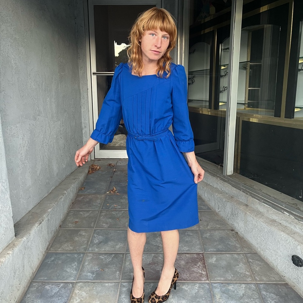 80s Melissa Lane Cobalt Blue Belted Waist Aline Long Sleeve Dress